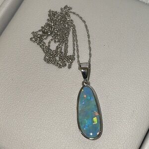 Solid Stamped 14K White Gold Australian Opal Modern Bezel Pendant Necklace